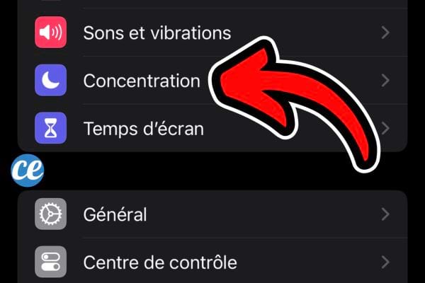 Menu des réglages d'un iPhone avec un focus sur l'option 'Concentration'.