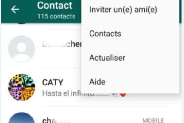 Menu de l'application WhatsApp ouvert sur un smartphone, montrant les options de contacts et d'aide.