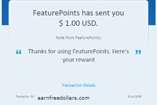 Notification de FeaturePoints indiquant l'envoi d'un dollar avec un message de remerciement pour l'utilisation du service.