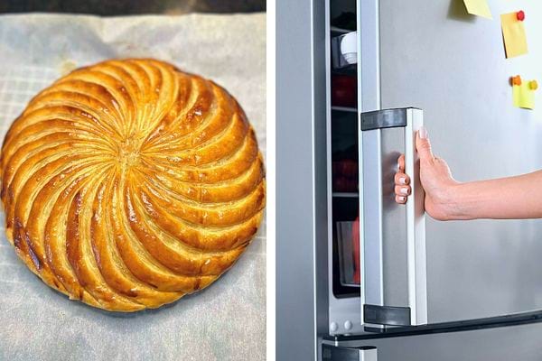 Galette devant un réfrigérateur ouvert, évoquant le stockage au frais.