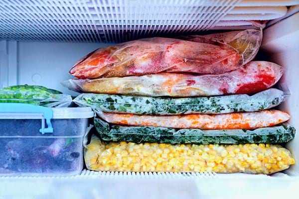Congélateur rempli de sacs de légumes surgelés superposés, incluant du maïs et des épinards.