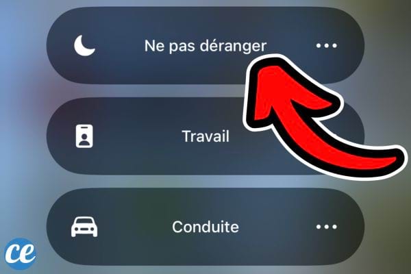 Options de durée pour le mode 'Ne pas déranger' sur l'iPhone, avec des choix comme 'Pendant 1 h' ou 'Jusqu’à ce soir'.