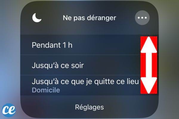 Options de durée pour le mode 'Ne pas déranger' sur l'iPhone, avec des choix comme 'Pendant 1 h' ou 'Jusqu’à ce soir'.