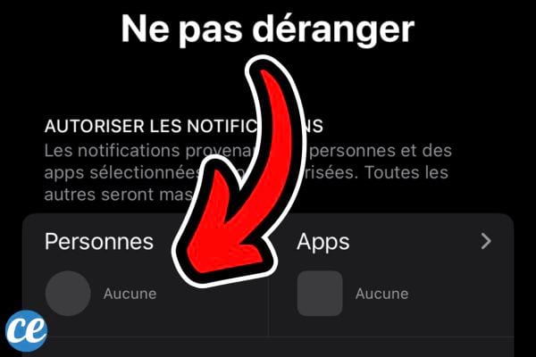 Réglages 'Ne pas déranger' avec une option pour sélectionner des personnes à autoriser.