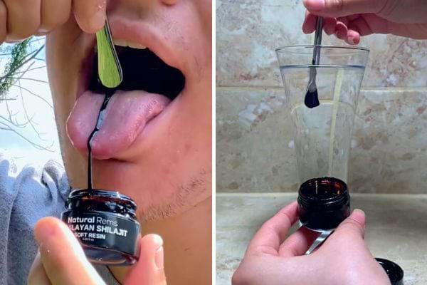 Consommation de Shilajit directement du pot et dilution dans de l'eau.