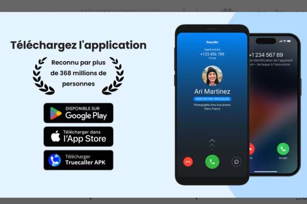 Publicité pour Truecaller, une application pour identifier les appels, disponible sur Google Play et l'App Store.