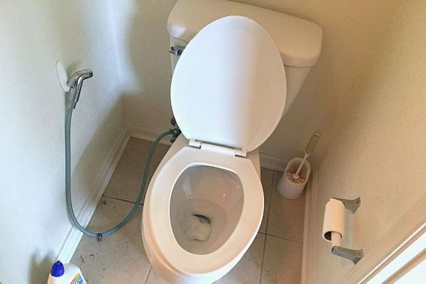 Vue d'une toilette équipée d'une douchette, montrant une alternative pratique au papier toilette.