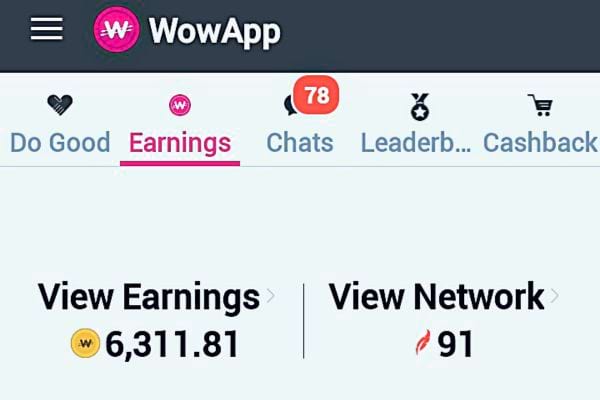 Interface de WowApp montrant un solde de 6,311.81 avec un réseau de 91 personnes.