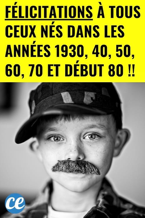 Un enfant qui est né dans les 70 avec une casquette et une fausse moustache 