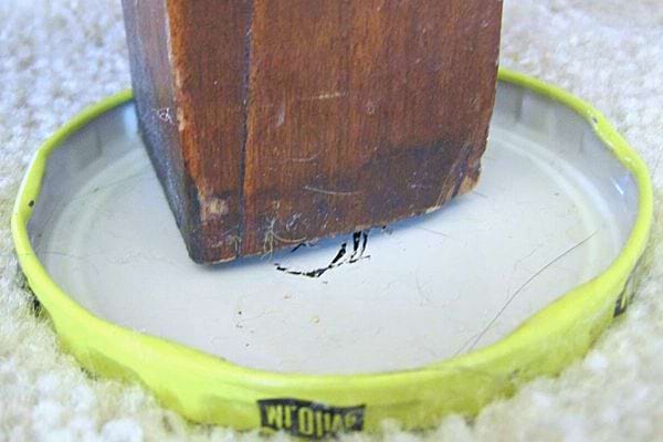 Pied de meuble posé sur un couvercle en plastique pour le déplacer sans rayer le sol.
