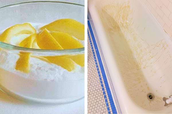 Citrons mélangés à du bicarbonate dans un bol transparent, contre une baignoire recouverte de résidus de rouille.