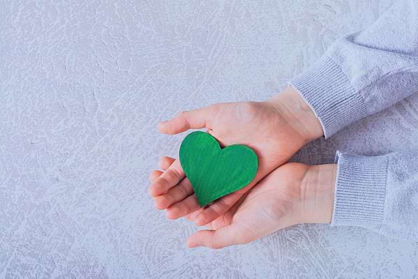 Mains tenant un cœur vert en bois, symbolisant le don et la générosité.