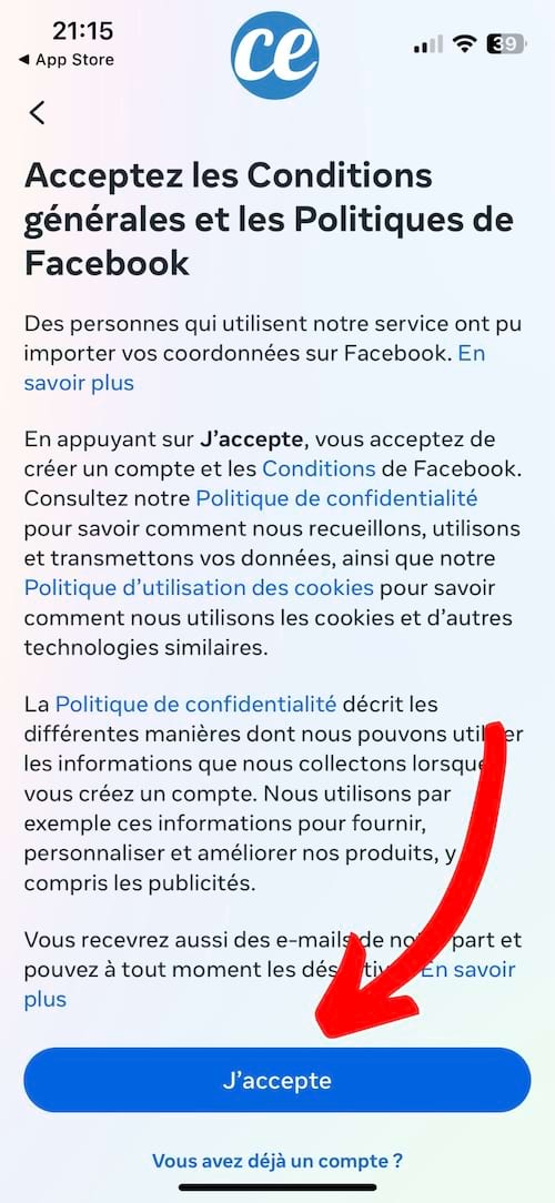 Écran de Messenger demandant d'accepter les conditions générales et les politiques de Facebook avant l'inscription.