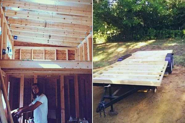 Construction d'une petite maison : début avec la structure en bois et homme à l'intérieur.