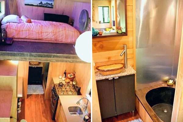 Aperçu de l'intérieur montrant le lit mezzanine, la cuisine en dessous et la salle de bain.