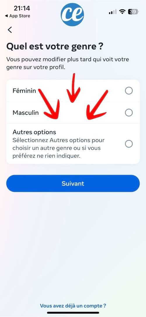 Options pour indiquer le genre dans le profil Messenger, avec possibilité de modification ultérieure.