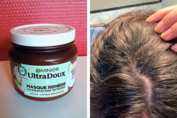 Masque capillaire hydratant anti-pelliculaire : Pot de masque capillaire Garnier Ultra Doux et cheveux avec pellicules.