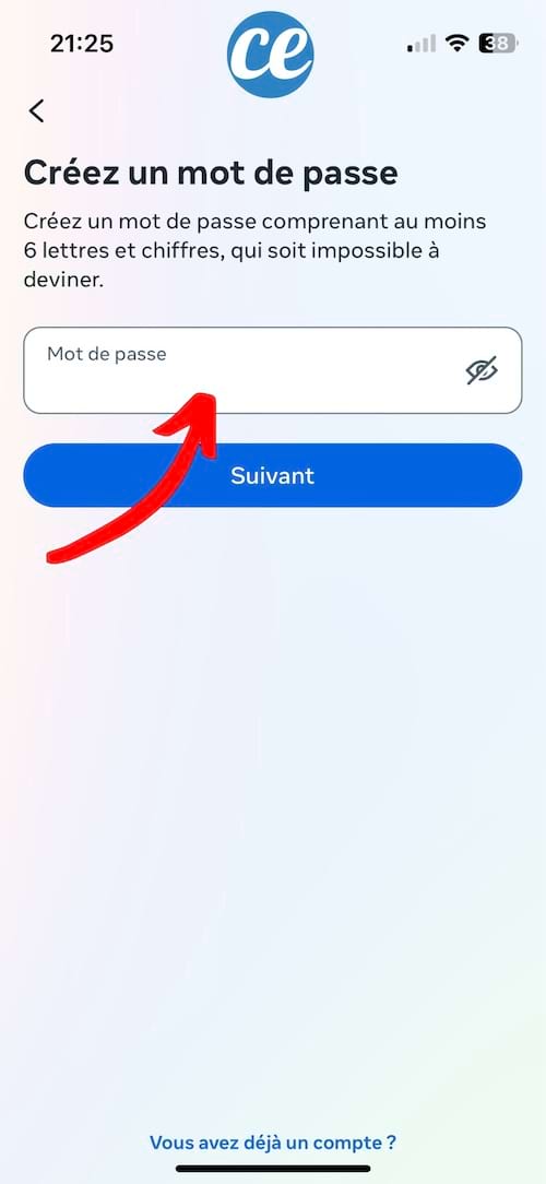 Écran de création de mot de passe pour sécuriser le compte Messenger.