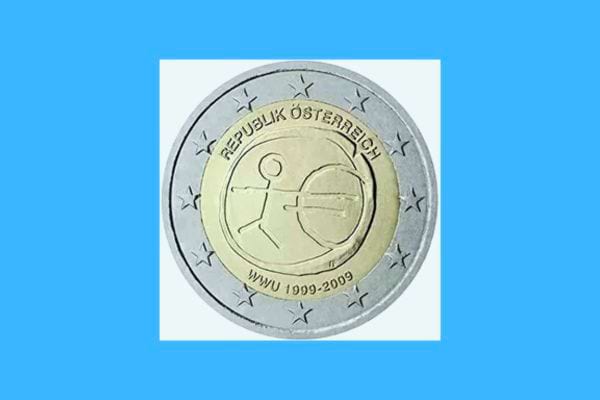 Pièce autrichienne de 2 euros pour l'anniversaire de l'UEM avec figure symbolique.
