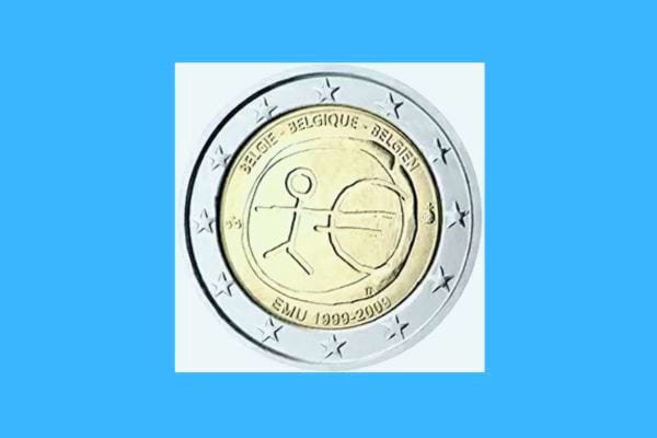 Pièce belge de 2 euros marquant les 10 ans de l'UEM avec un design de figure.