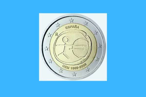 Pièce espagnole de 2 euros commémorant l'UEM avec une figure et un cercle