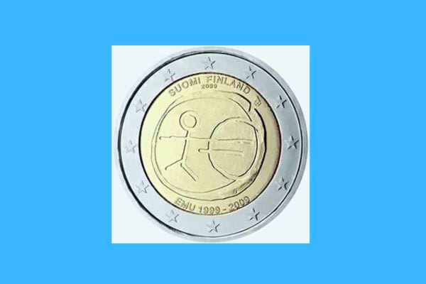 Pièce finlandaise de 2 euros pour les 10 ans de l'UEM avec une icône et des étoiles.
