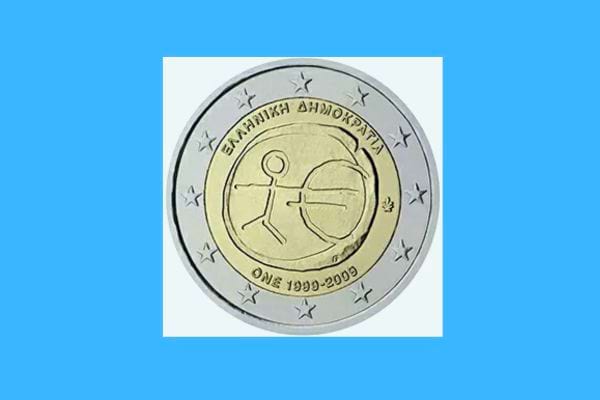 Pièce de 2 euros grecque marquant l'UEM, avec une figure symbolique.