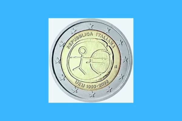 Pièces de 2 euros Italienne célébrant l'UEM, avec figure et monnaie.