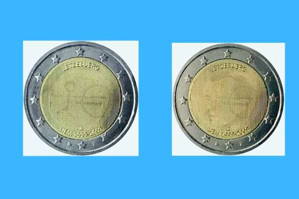 Pièces de 2 euros luxembourgeoises célébrant l'UEM, avec figure et monnaie.