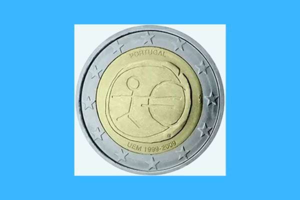 Pièce de 2 euros portugaise marquant l'UEM avec une figure symbolique.