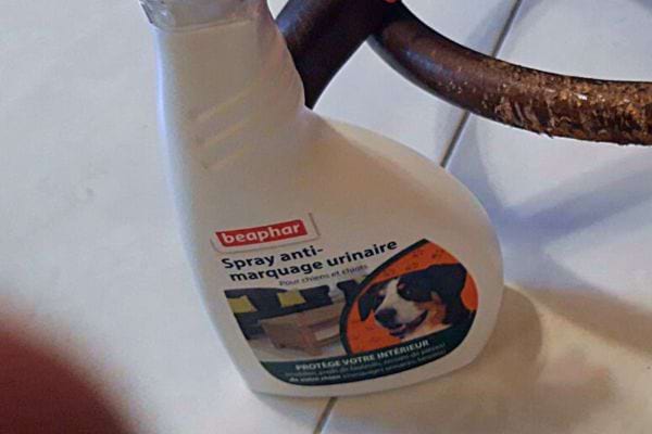 Spray anti-marquage urinaire pour chiens avec une image d'un chien sur l'étiquette.