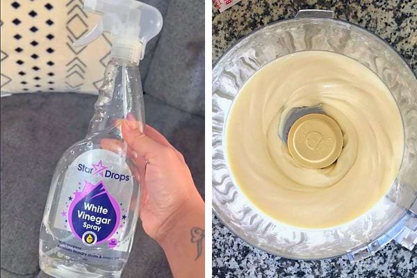 Vinaigre ajouté à la pâte à crêpes sur une plaque de cuisson.