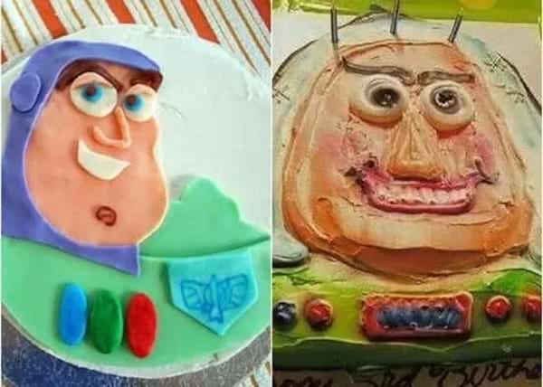 Deux gâteaux d'un personnage spatial. Celui de gauche est réussi, celui de droite est déformé.