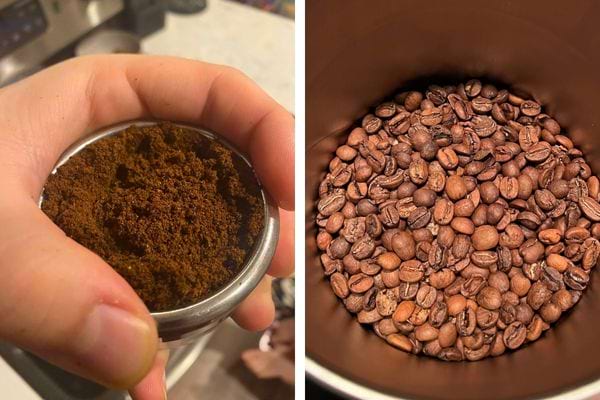 Kaffeebohnen und gemahlener Kaffee in einem Behälter.