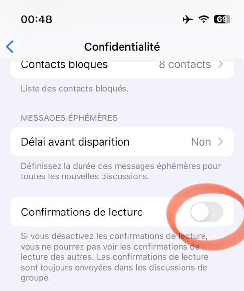L'option "confirmation de lecture" désactivé sur whatsapp