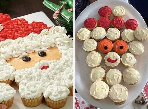 À gauche, cupcakes formant un Père Noël artistique; à droite, version maladroite et simplifiée.