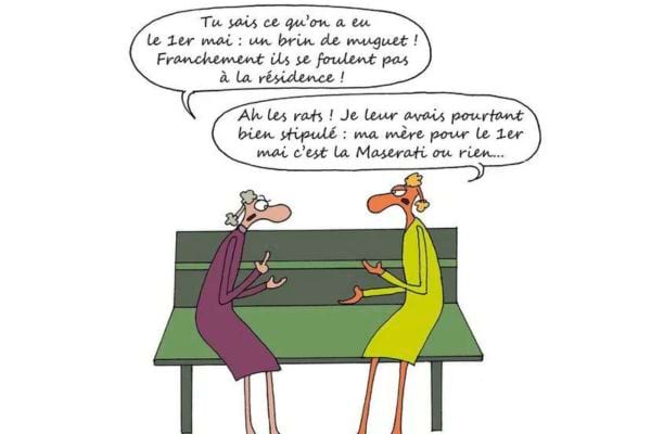 Deux femmes sur un banc, l'une se plaignant du maigre cadeau du 1er mai. Ironie sur le muguet.