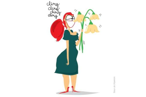 Femme avec des fleurs de muguet géantes, avec le texte "cling, cling." Son des clochettes du muguet.