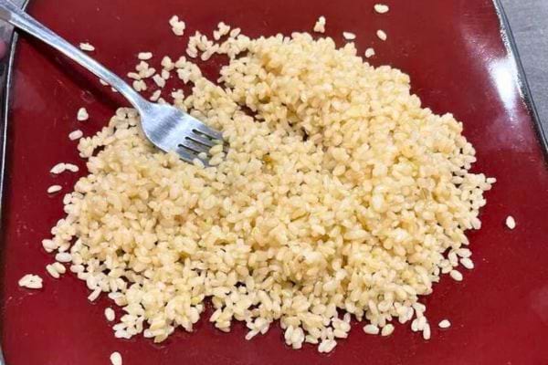 Riz brun éparpillé sur une assiette rouge.