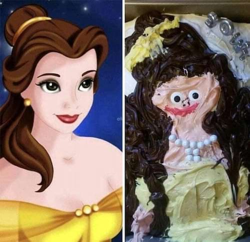 Belle élégante en illustration et sa version désastreuse en gâteau.
