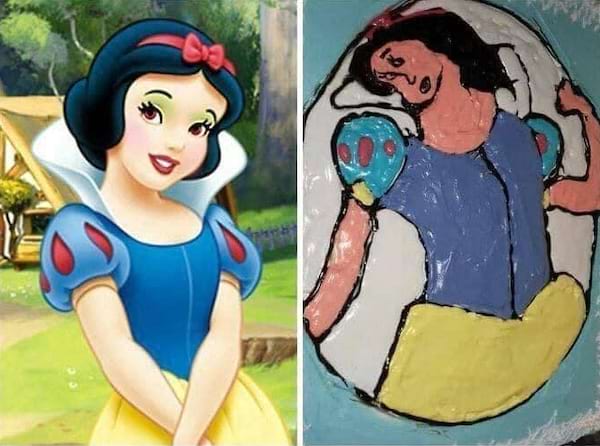 Blanche Neige idéale à gauche, reproduction grossière sur gâteau à droite.