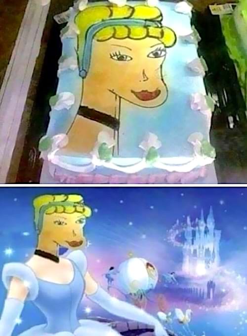 Gâteau de princesse Disney réussi (à gauche), raté avec un visage déformé (à droite).