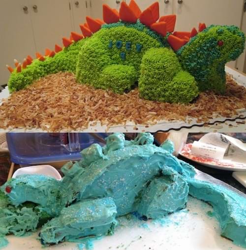 Gâteau avec un design créatif à gauche, et version ratée qui semble écrasée à droite.