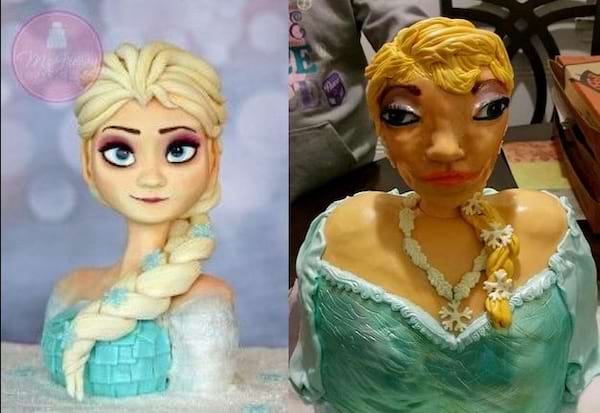 Deux gâteaux d'une princesse blonde. L'un est réussi, l'autre est déformé et disproportionné.