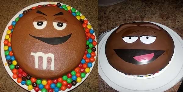 Gâteau M&M's réussi (à gauche), raté avec des traits grossiers (à droite).