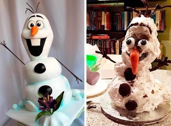 Gâteau Olaf réussi (à gauche), raté avec un visage déformé (à droite).