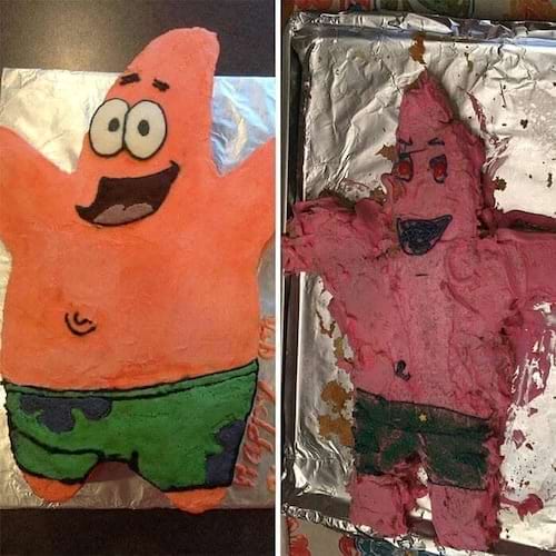 Patrick réussi en gâteau à gauche, version déformée à droite.
