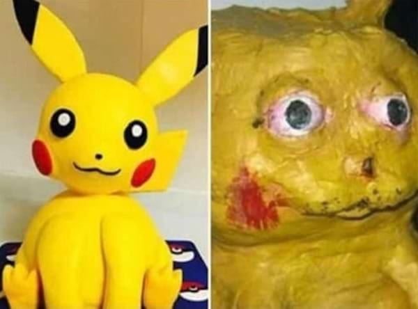 Pikachu mignon (à gauche), raté avec un visage déformé (à droite).