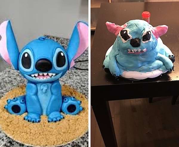 Deux gâteaux d'un extraterrestre bleu. L'un est réussi, l'autre est mal proportionné et déformé.
