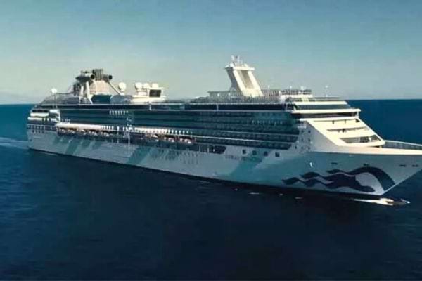 Vue de c&ocirc;t&eacute; d'un grand navire de croisi&egrave;re naviguant sur l'oc&eacute;an bleu.